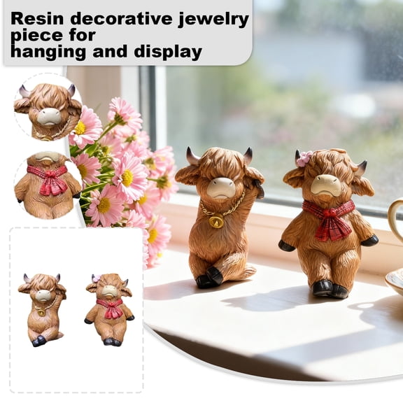 Highland Cow Figurine Set Decorative Resin Sculpture Pair Realistic Animal Ornament for Home Desk Shelf Display