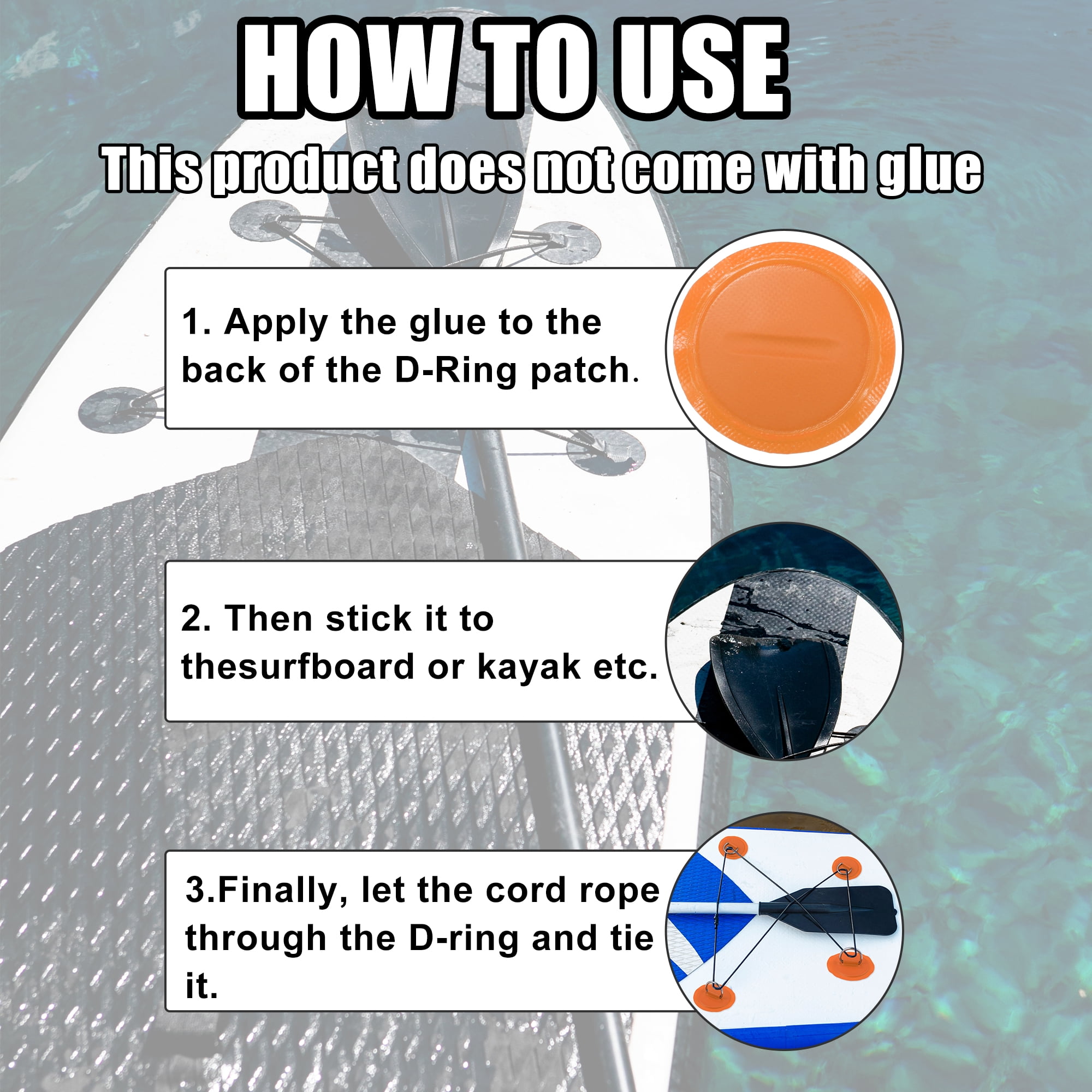 6pcs 8cm Orange D Ring Patch Stainless Steel Round Shape D Ring Pad Set for Inflatable Boat Kayak with Hooks Handle