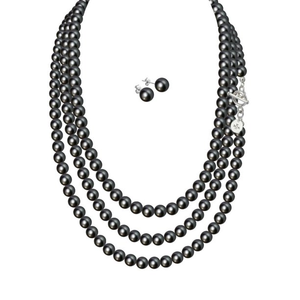 Set Collar Perlas Triple Aretes Zvezda Plata 0.925 Mujer negro Unitalla