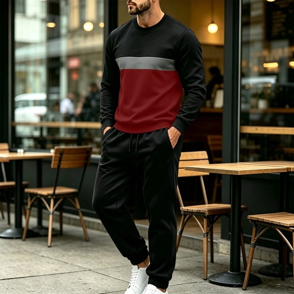 Cagogo Men Plus Size 2 Piece Set Round Neck Long Sleeve Pullover Tops Elastic Waist Pants Fall Winter Casual Lounge Matching Tracksuit, Red 3XL