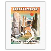Chicago USA - Marina City Chicago River - Fly Eastern Airlines - Vintage Airline Travel Poster c.1960s - Fine Art Rolled Canvas Print 11in x 14in