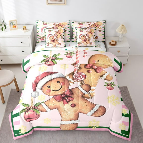 jejeloiu Khaki Snowmen Biscuit Twin Bedding Sets 7-Piece,Merry Christmas Dessert Bedding Comforter Set,Pink Xmas Ball Sheet Sets For Children,Super Cozy Room Decor Reversible