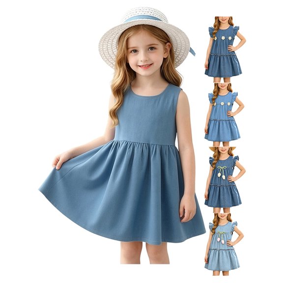 Afuyipoi Girls Denim Dress with Hat Size 6M-3T Sleeveless Solid Color Cowboy Sundress Set for Toddler Casual Wear Blue Size 12M