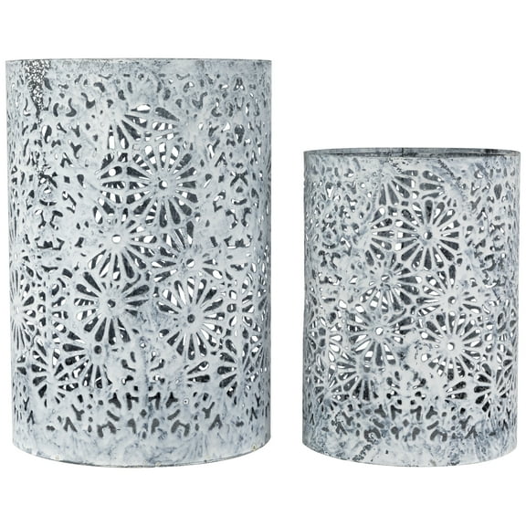 Northlight Laser-Cut Floral Iron Pillar Candle Holders - 10" - Gray and White - Set of 2