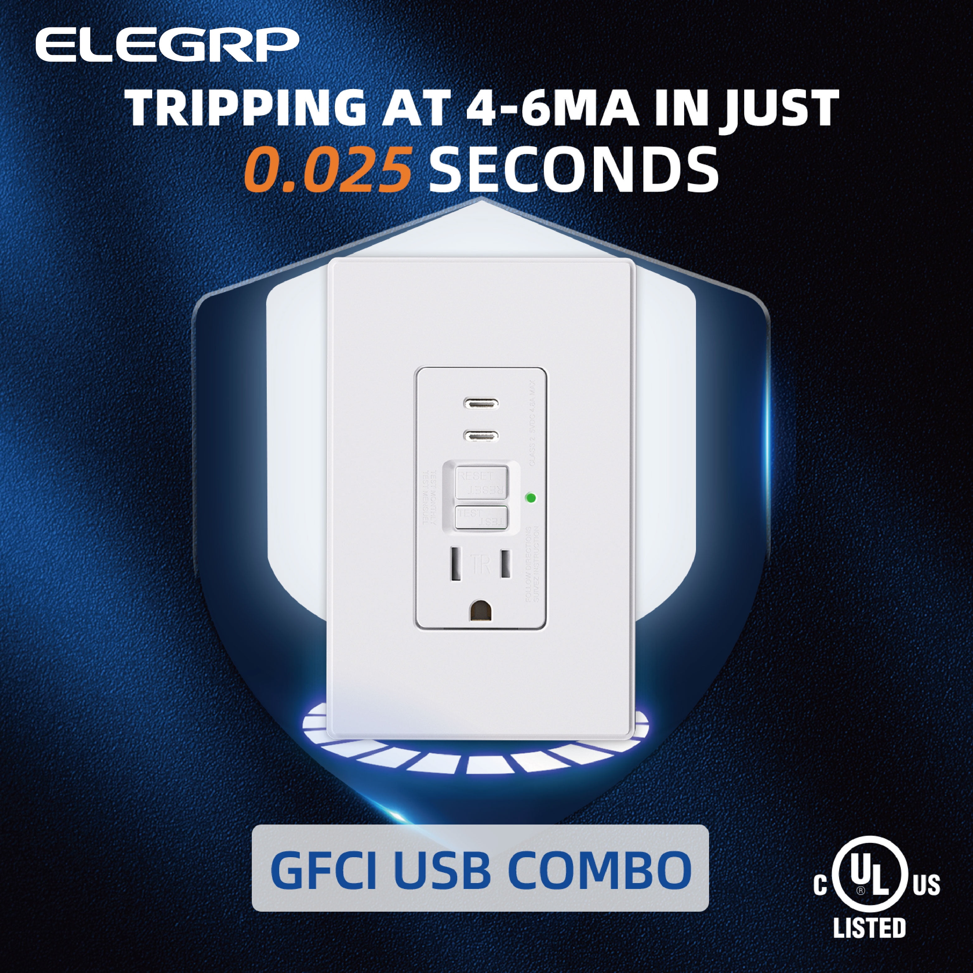 ELEGRP 15 Amp Tamper Resistant Self-Test GFCI Outlet & 24W In-Wall USB Charger combo Receptacle, Dual Type C, Midsize Screwless Wall Plate included, UL & CUL Listed, White, 3 pack