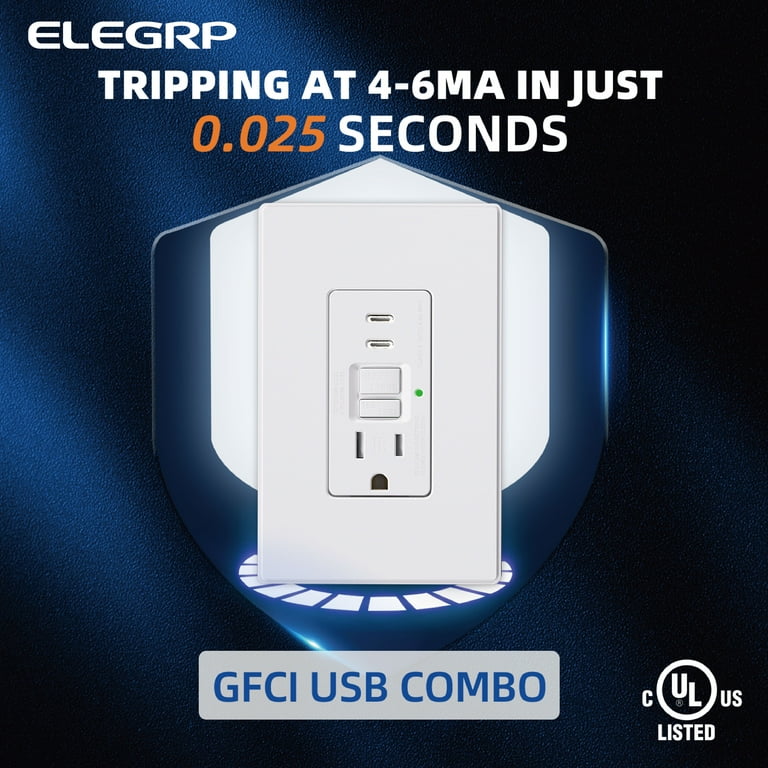 Eaton GFCI Outlet With Night Light & Tamper-Resistant Shutters - 15A 125V Self-Test Duplex Receptacle, White With Wallplate