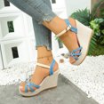 thumbnail image 5 of Sandals for Women 2025 Wedge Thick Sole Sandals Gladiator Open Toe Waterproof Wedges Casual Daily Round Toe Solid Color Footwear Comfortable Ankle Strap Walking Beach Shoes Blue 9, 5 of 9