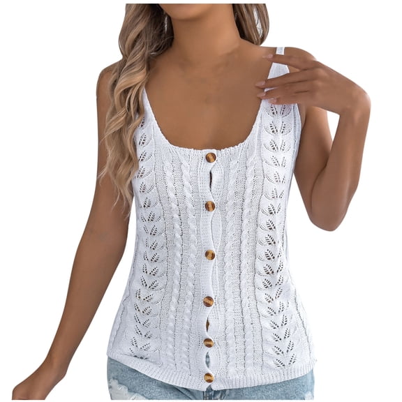 hotojiny Womens Summer Tops Sleeveless Sweater Crochet Vest Casual Cute Square Neck Knit Tank Top Button up Beach Clothes