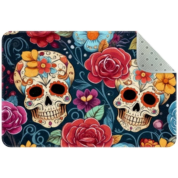 Sugar Skull Flowers Seamless Entryway Rug, 2x3 Area Rug Indoor Door Mat Non-slip Washable Floor Carpet Rug for Bedroom Office Dining Room Bathroom