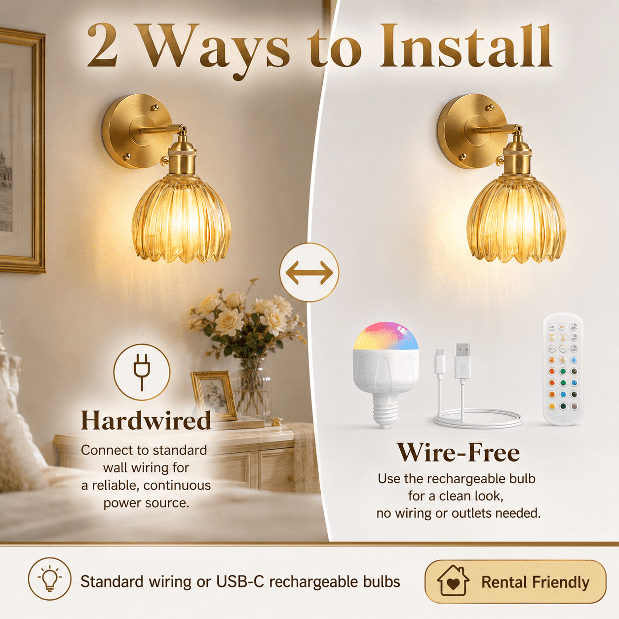 DONGPAI 2 Pack Vintage Battery Operated Wall Sconce with Amber Tulip Glass Lampshade Wireless Rechargeable Wall Light with Remote Control for Bedside Bedroom Doorway