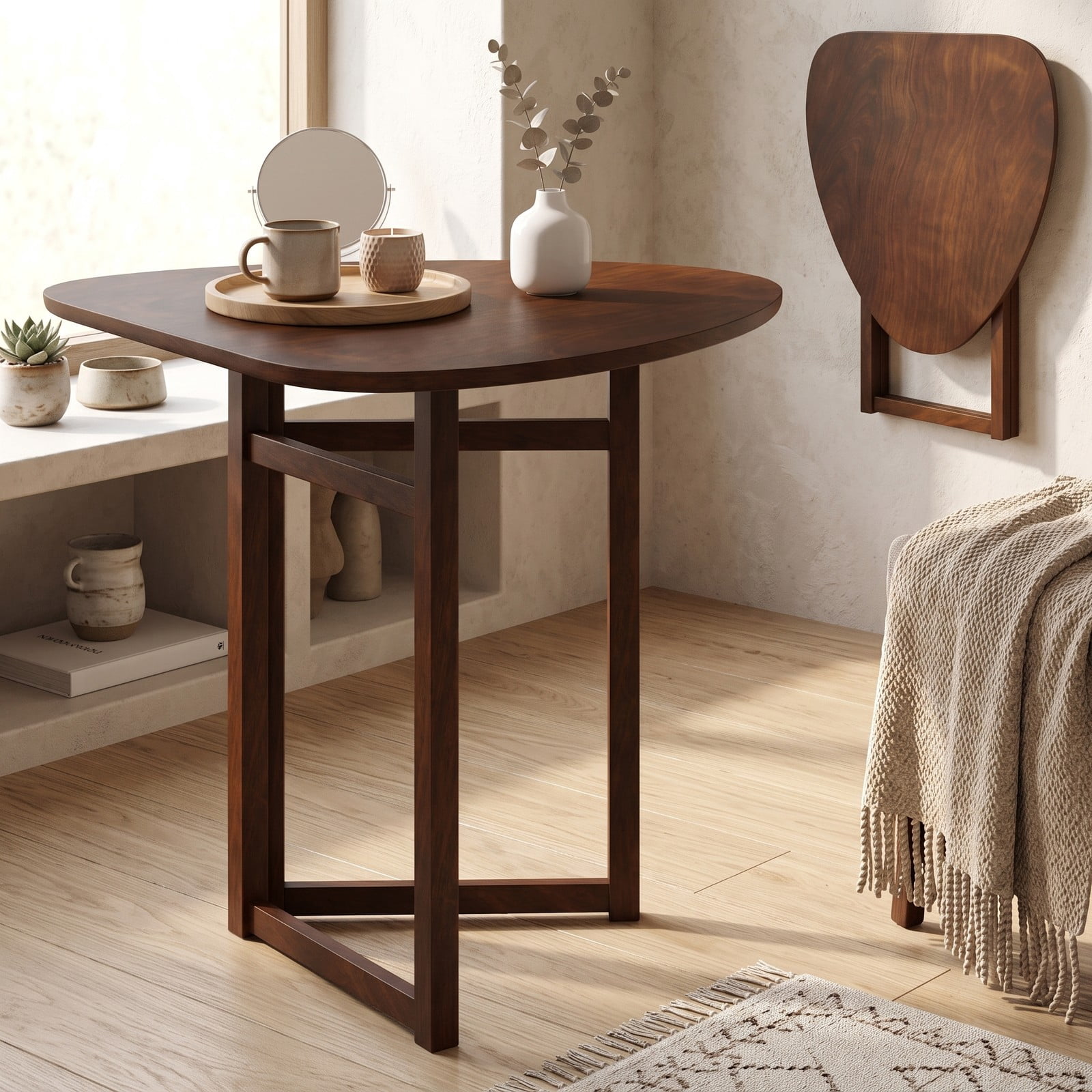 Furnibear Foldable Dining Table for 2, 31.5 Inch Triangular Small Kitchen Table, Space Saving Rubber Wood Folding Dinner Table for Apartment Breakfast Nook, Walnut