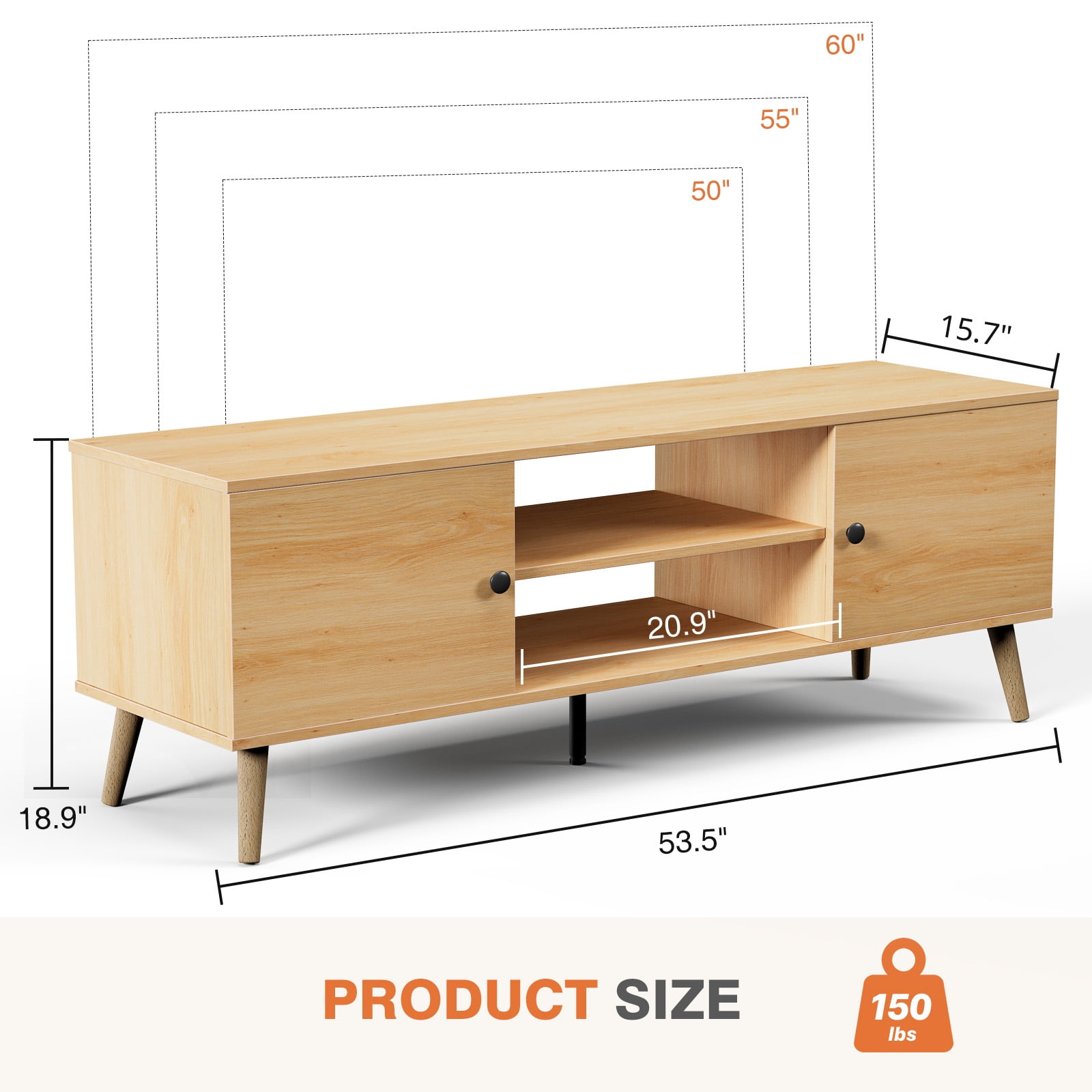 EDX Retro-Modern TV Stand, Mid-Century Media Console with Soft-Close Cabinets & Adjustable Shelves, Engineered Wood TV Cabinet for 50-65 Inch TVs, Natural