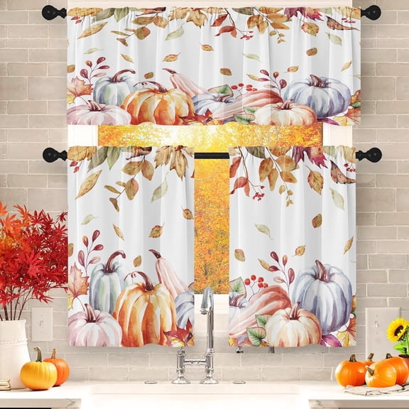 dinii Fall Leaves Floral Kitchen Curtains with Valance and Tier Sets 36 Inch, 3 Pieces Autumn Pumpkin Leaf Rod Pocket Drapes Window Treatment Curtains for Kitchen Over Sink Dining Room Decor
