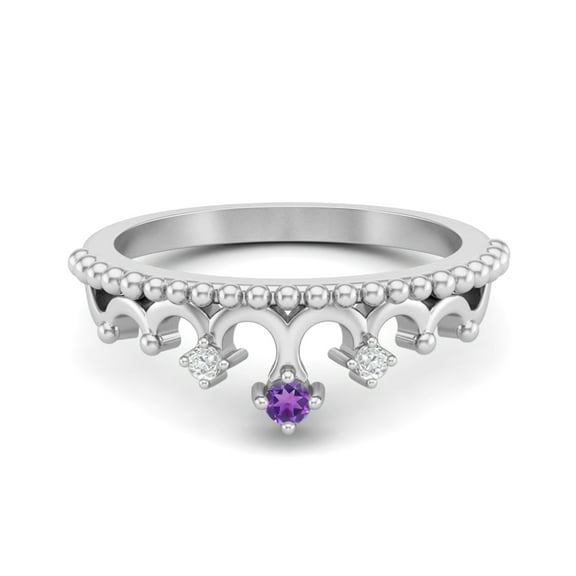 2mm Round Natural Amethyst 925 Sterling Silver Women Crown Tiara Valentines Day Gifts Ring