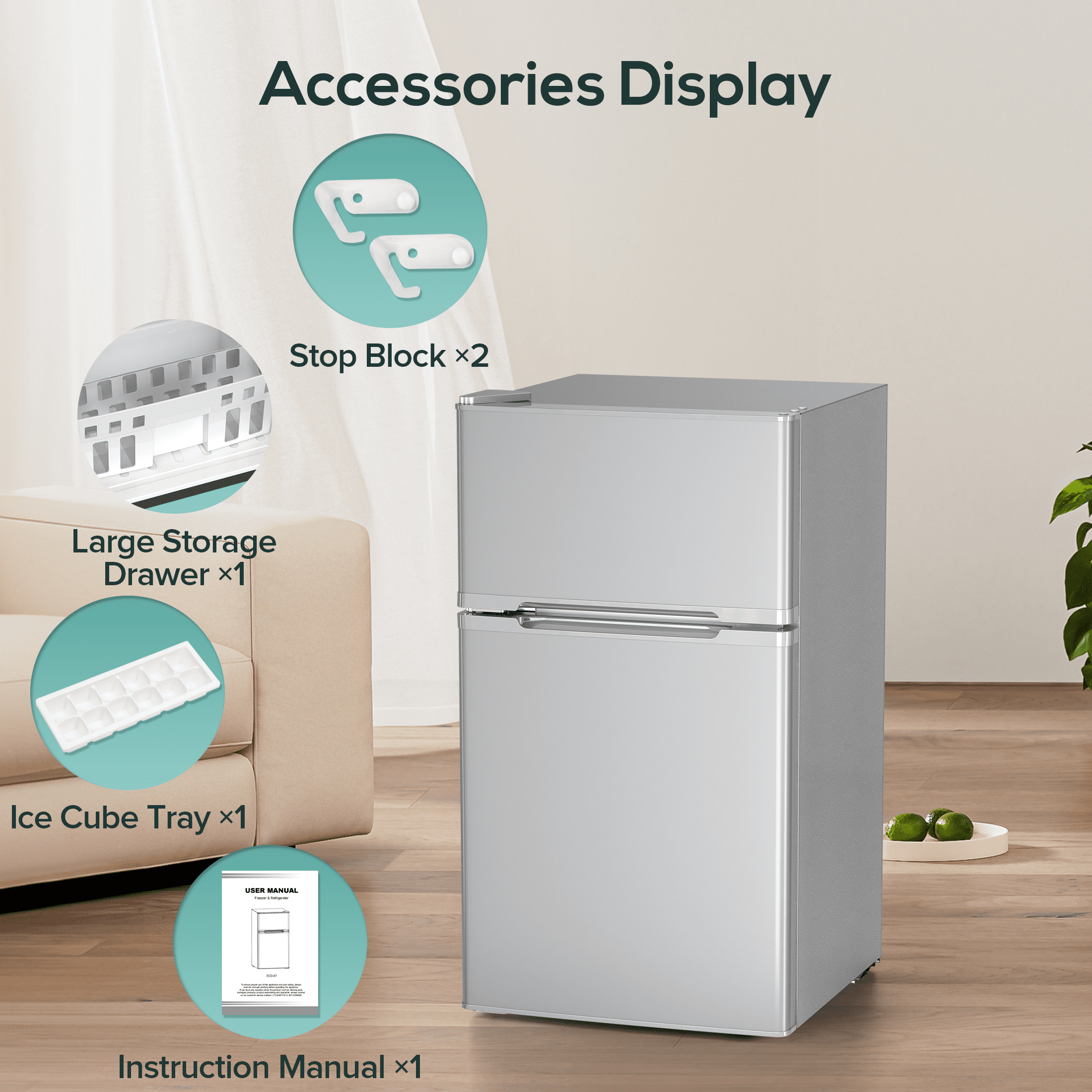 Auseo Double Door 3.5 Cu. ft Compact Refrigerator with Top Door Freezer, Freestanding Mini Fridge with Adjustable Temperature, Grey