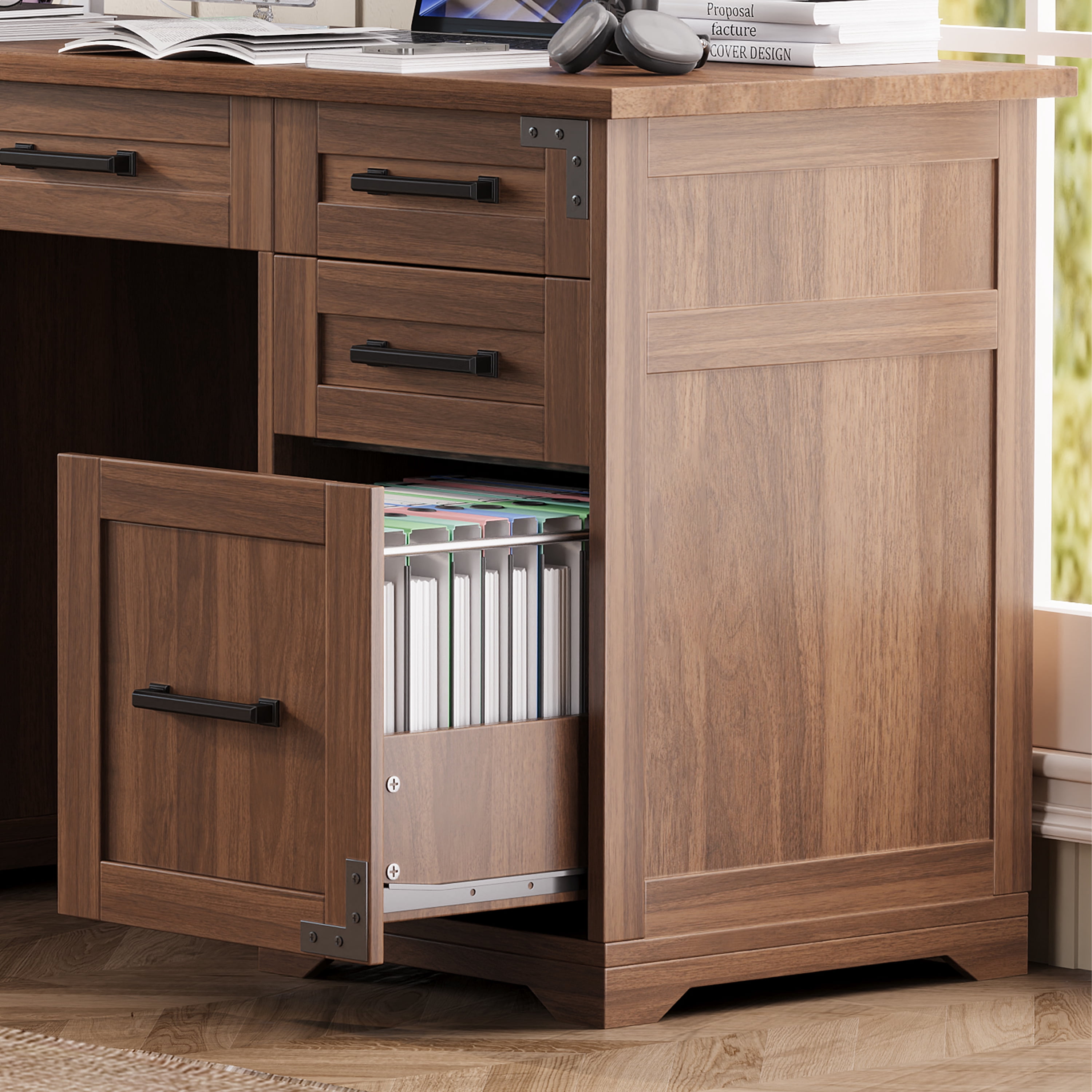 Mintazer 55" Farmhouse Executive Desk with Charging Station & Storage Cabinets, Computer Desk with 5 Drawer for Home Office, Walnut