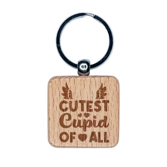 Cutest Cupid of All Valentine's Day Square Keychain Charm Tag - Engraved Wood