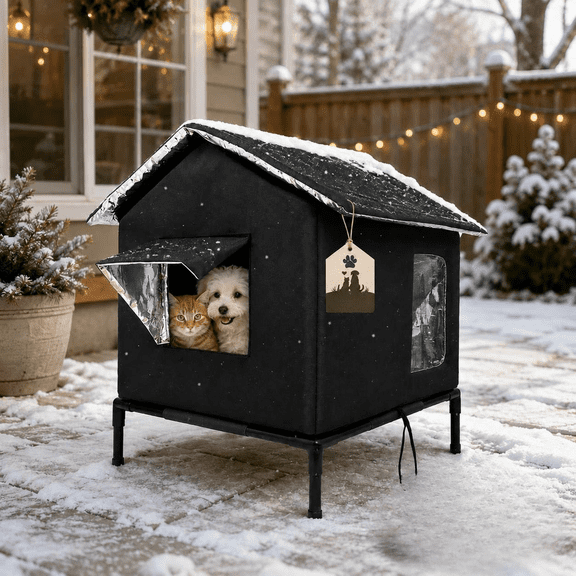 All-Weather Elevated Outdoor Cat House, Insulated Feral Pet Shelter Winter,Waterproof Oxford Cloth Thermal Aluminum Lining Foldable Enclosure Window Design Keep Warm Tent for Stray Cats Small Dogs
