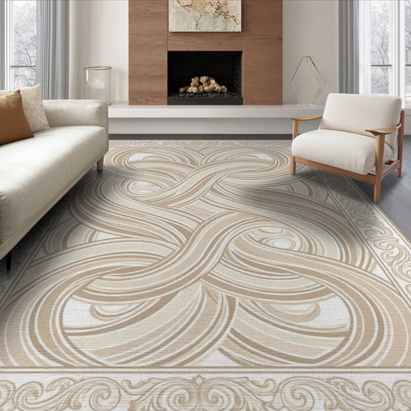 ODIKA 8'x10' Washable Area Rug Neutral Flowing Pink Curved Motif Border Beige Vintage Loving for Living Room, Under Sectional, Family , Durable, Non-Slip