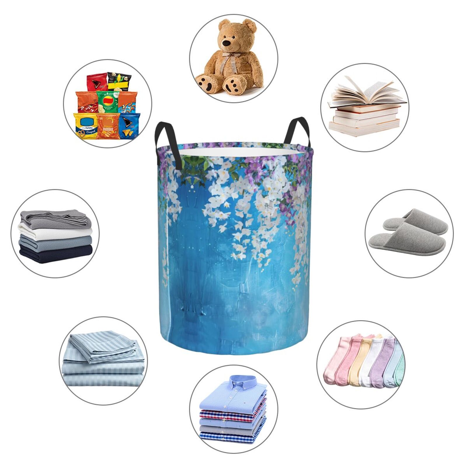 Large Laundry Basket with Handles - Hanging Orchids Floral Blue Kids Baby Dirty Clothes Laundry Hamper for Bedroom Aesthetic