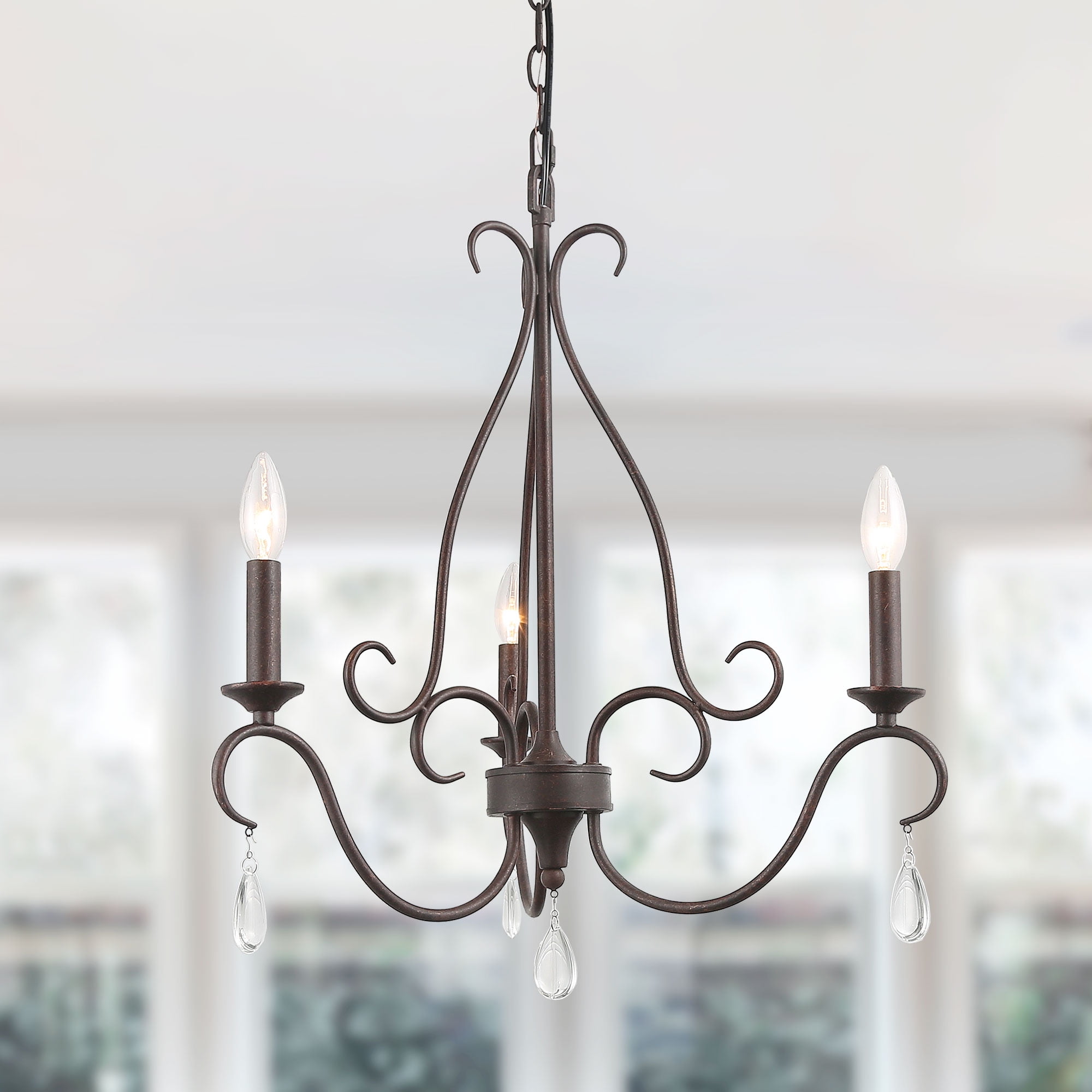 Rustic French Country Chandelier 3 Lights Candle Iron Pendant With Crystal Droplets For Dining Living Room Kitchen Bedroom Walmart Com Walmart Com