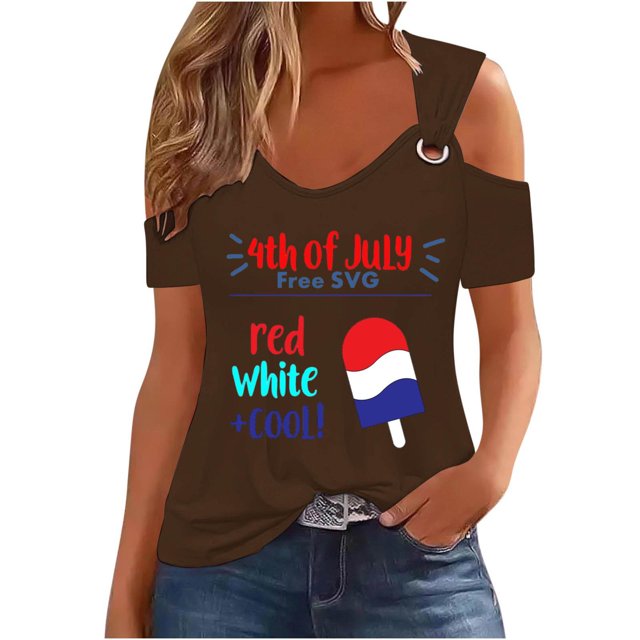Tops de Hombro Frío para las Mujeres Día de la Independencia Impreso Fuera Del Hombro Blusa con Cuello en V, Fuera Del Hombro de las Mujeres