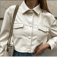thumbnail image 1 of Women Casual Leather Jacket, Black Long Sleeve Button Open Front Lapel Coat, 1 of 3