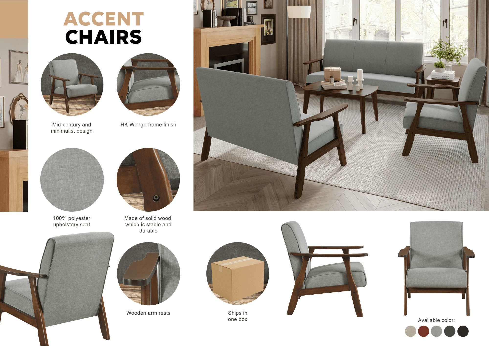 Castle Place Mid-Century Upholstered Linen Accent Chair, Warm Grey