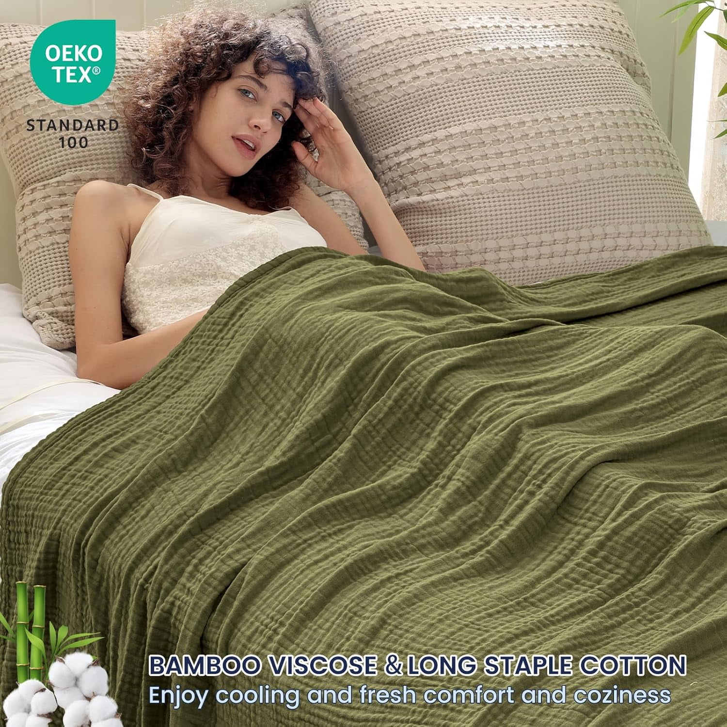 PHF Cooling Muslin Twin Blanket for Hot Sleepers, 4-Layer Breathable Bamboo Rayon & Cotton Gauze, Lightweight Summer Blanket for Bed or Couch, 66" x 90", Burnt Olive