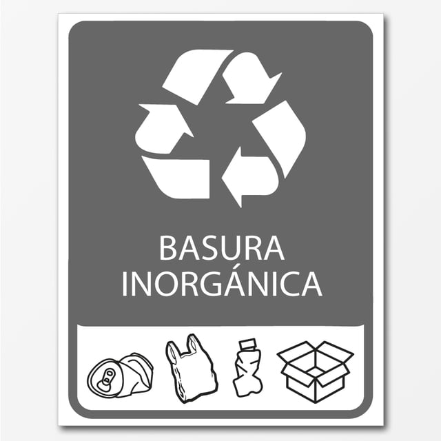 Señal informativa: "Basura inorgánica", en gris y blanco. Plástico estireno calibre 40, ideal para interiores y exteriores, medidas: 25 x 20 cm. Señalamiento, Cartel, Letrero cuadrado, Señalización.