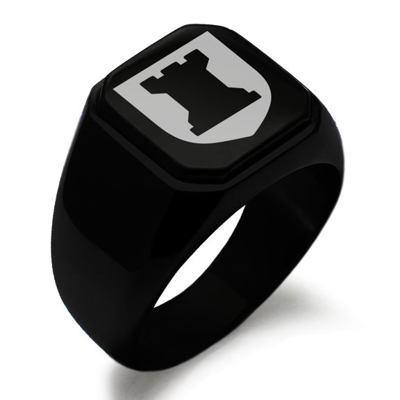 Stainless Steel Rook Strategy Coat of Arms Shield Engraved Square Flat Top Biker Style Polished Signet Ring