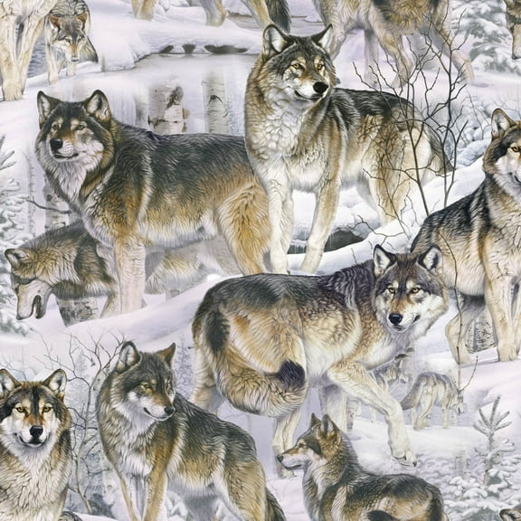 David Textiles Wolves In The Snow Light Gray 100% Cotton Sold by The Yard