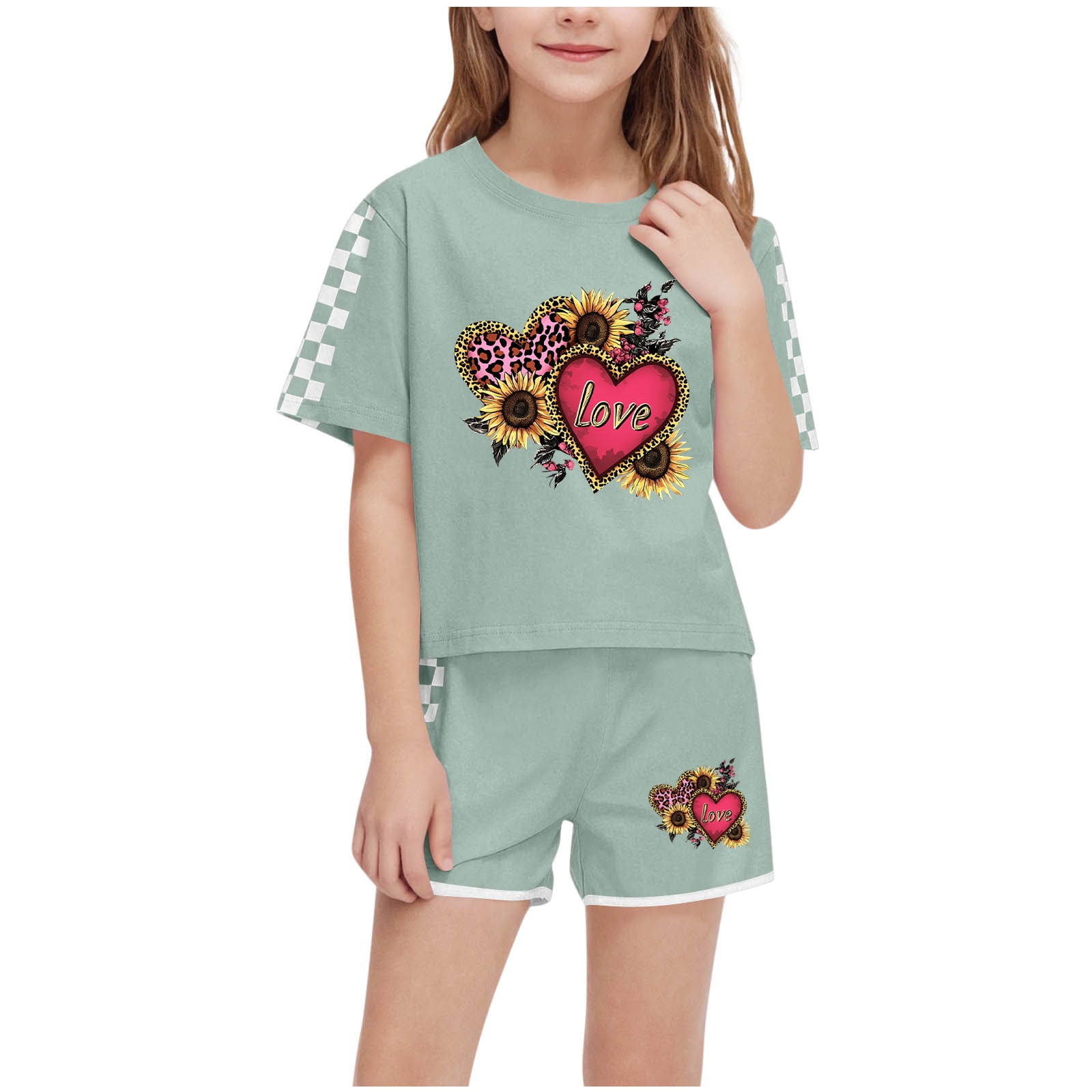 Kids Girls Summer Clothes 2 Piece Checkered Lounge Set Short Sleeve Leopard Tees Top Shorts Casual Workout Loungewear Army Green 7Y