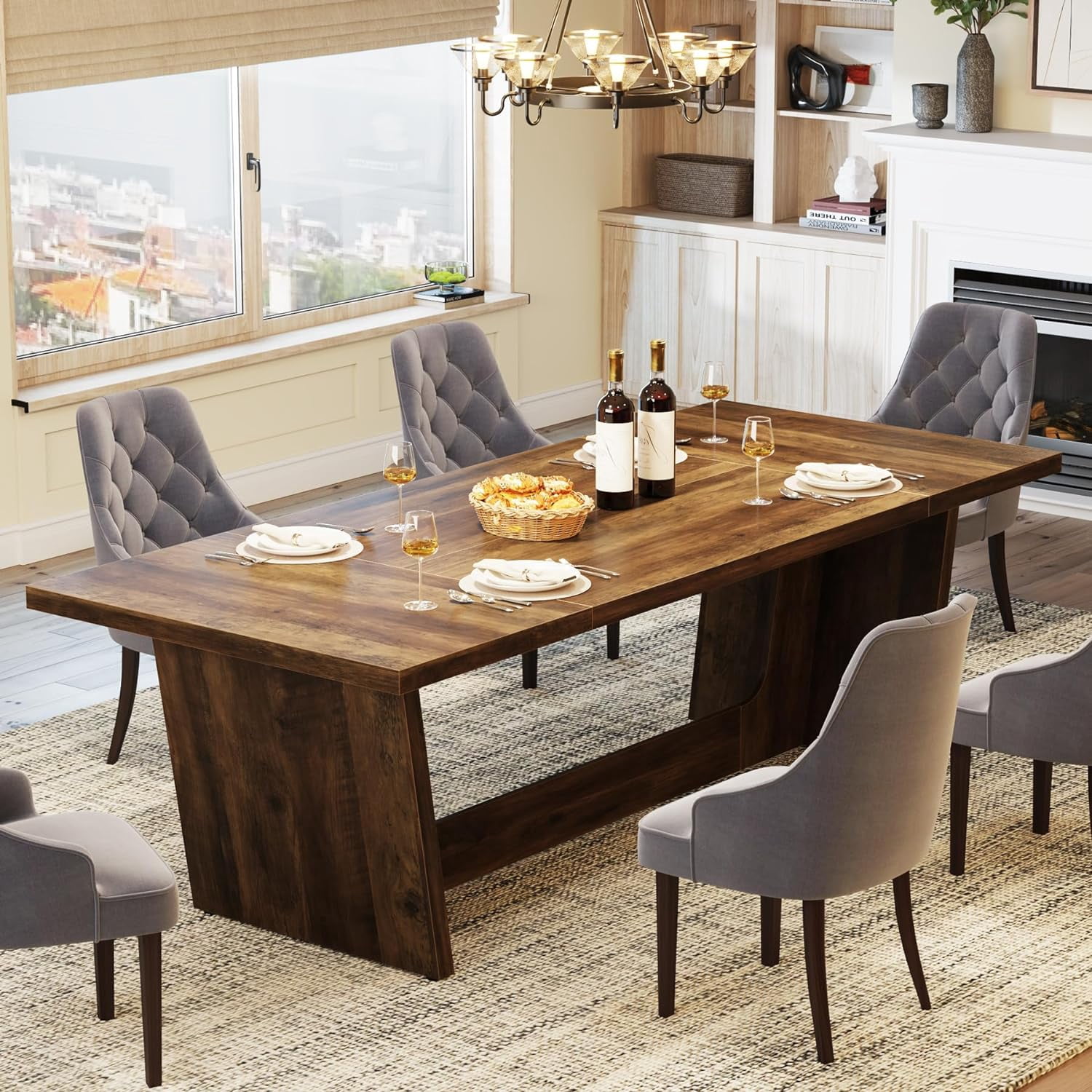 Tribesigns Wooden Large Dining Table for 6-8 People, 70.87-Inch Rectangular Farmhouse Kitchen Table,Dark Brown