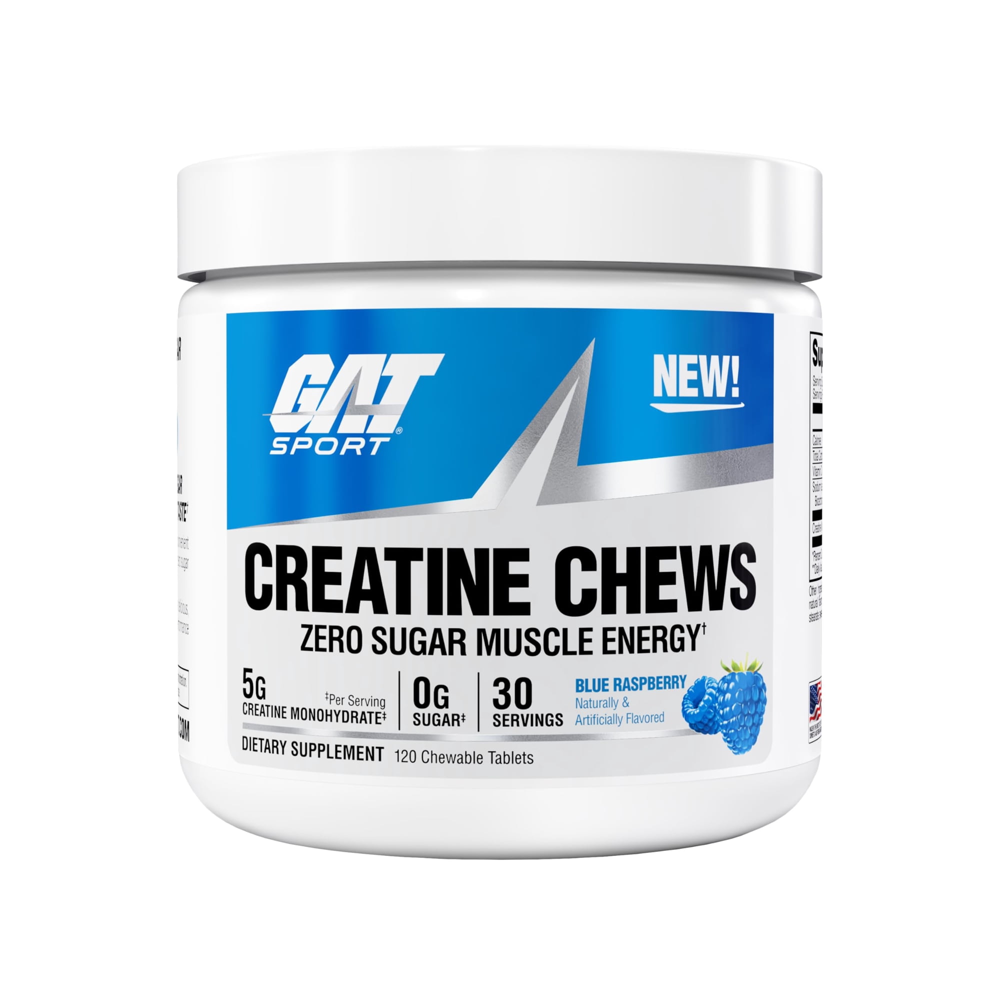 GAT SPORT Creatine Chews, Zero Sugar, 5g Pure Creatine Monohydrate, 3rd Party Tested, Brain Health, Muscle, Strength, Anti-oxidant Support, for Men & Women, Blue Raspberry, 30 Servings