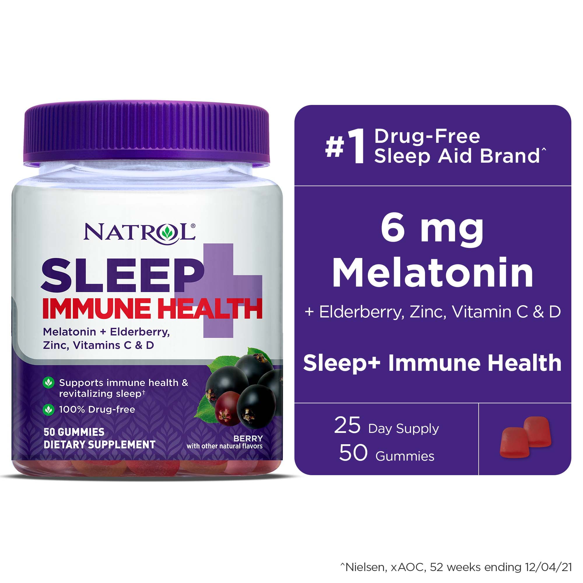 Natrol Sleep+ Immune Health, Melatonin and Elderberry, Gummies, 50ct