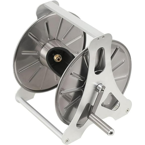 Stainless Steel Garden Hose Holder Kit, Professional Metal Hose Reel, Freestanding Garden Hose Reel with 360° Rotatable Handle, Holds 50M Hose Capacity, for Yard Garden Farm and Patio