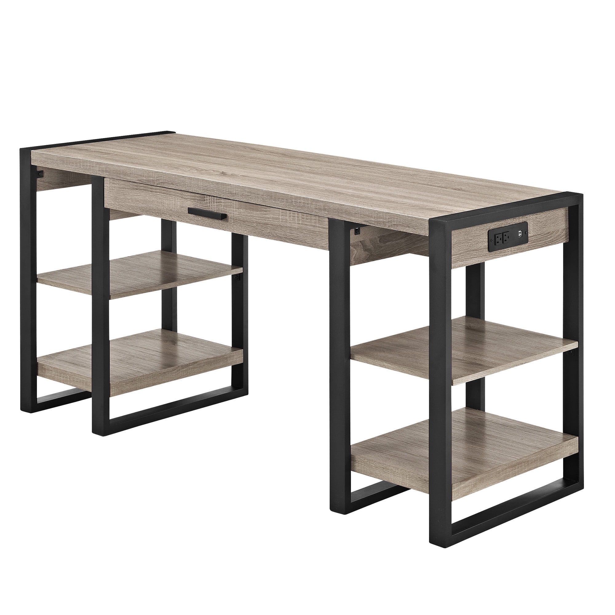 Walker Edison Industrial 4-Shelf Computer Desk with USB Port, Driftwood