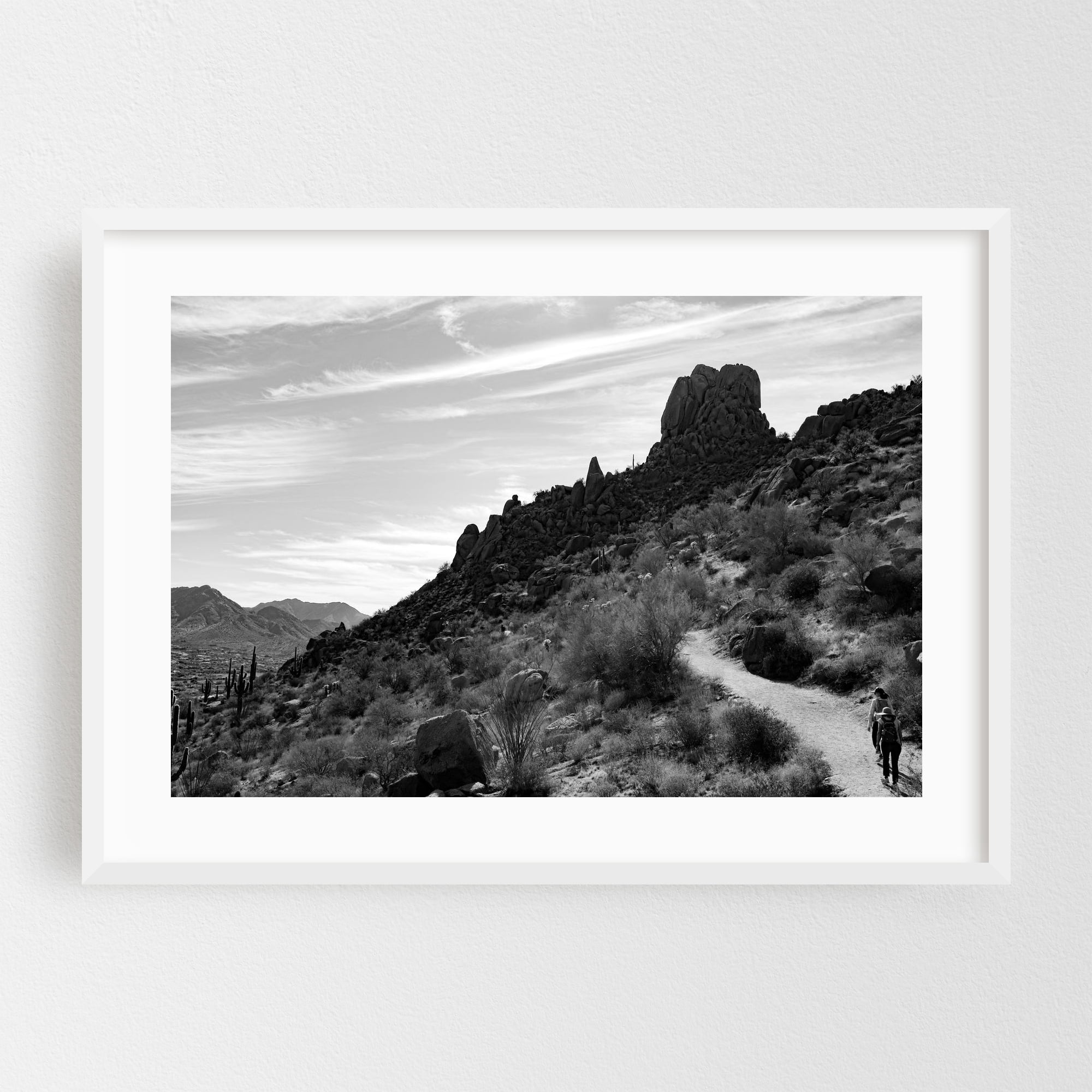 Pinnacle Peak, Scottsdale, Arizona 01 - Scottsdale Arizona Photography Desert Black and White Landscape Cactus Nature Wilderness Scenic White Framed Wall Art Print 5 x 7 inches