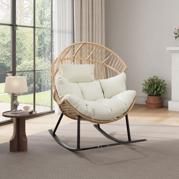 Oversized Wicker Rocking Egg Chair – Ergonomic Rattan Patio Lounge with Extra-Soft Cream Cushion & Pillow – Durable Natural Frame for Living Room, Garden & Backyard
