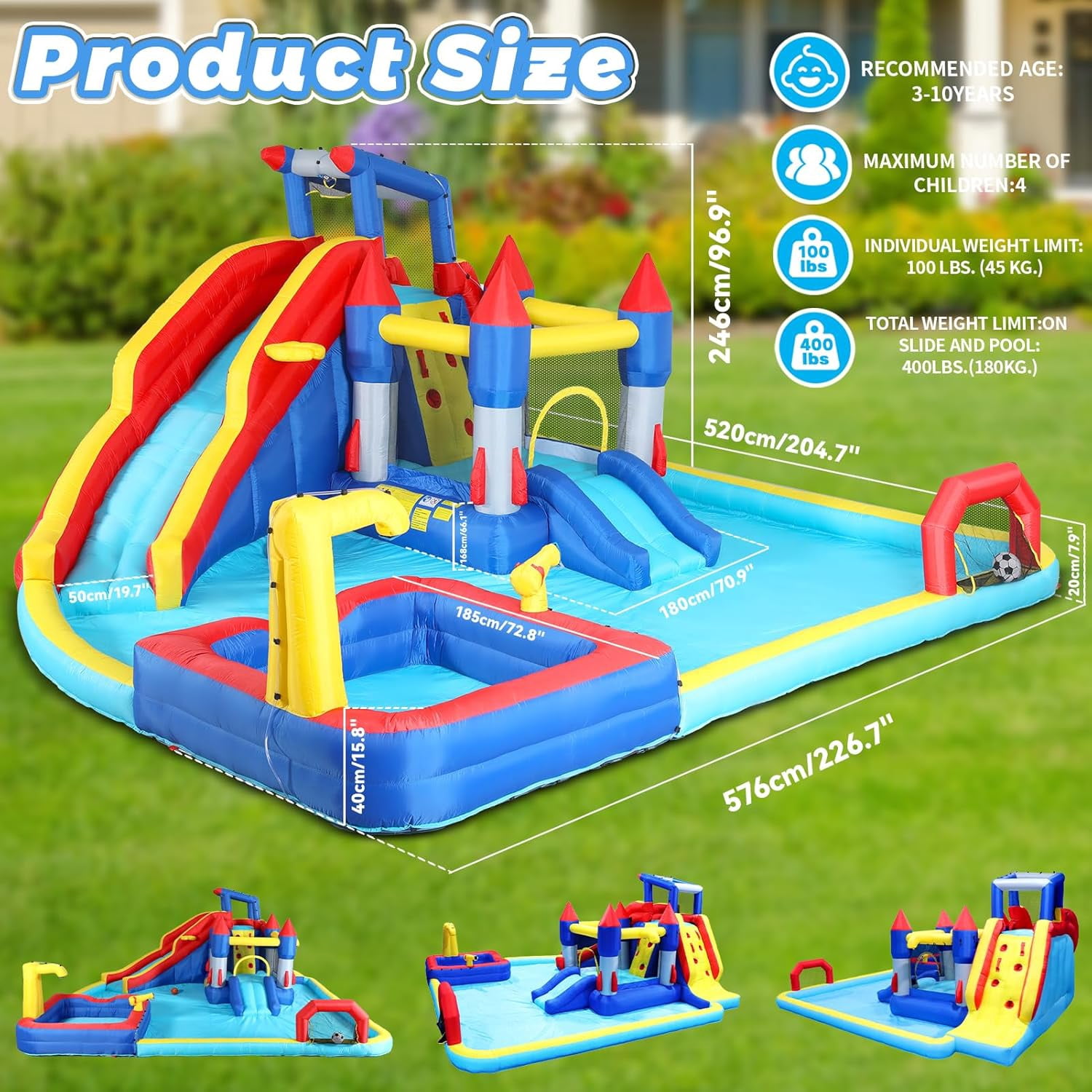ZOGYMOZ Double Slides Water Park, Inflatable Water Slide Bounce House with Blower, Pool & Basketball & Football Games for Kids Backyard, 227*205*97 inch