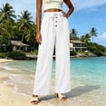 thumbnail image 4 of cocolona Womens Summer Casual Linen Pants Elastic Waist Drawstring Wide Leg Vacation Beach Pants with Pockets, 4 of 5