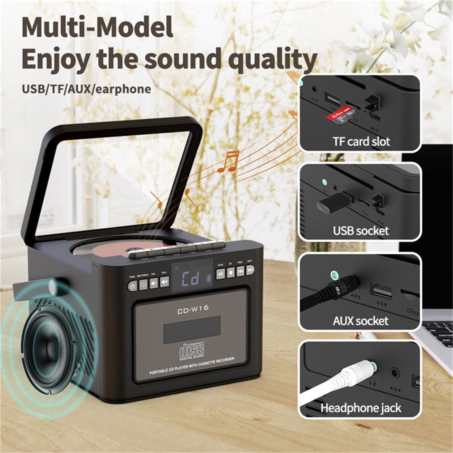 Jazmm 5000mAh Rechargeable CD Player Boombox Cassette Player Combo with Bluetooth, Speakers, Remote, FM, Music