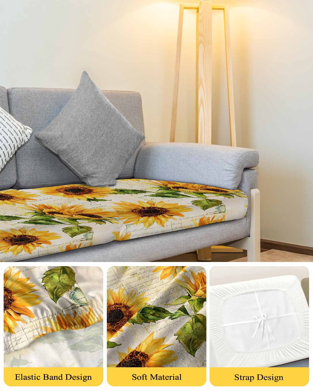 Retro Sunflower Couch Cushion Covers, Stretch Seat Cushion Covers for Sectional Sofa, Watercolor Letter Flowers Individual Sofa&nbsp;Slipcovers Furniture Protector with Elastic&Straps Small 1Pcs