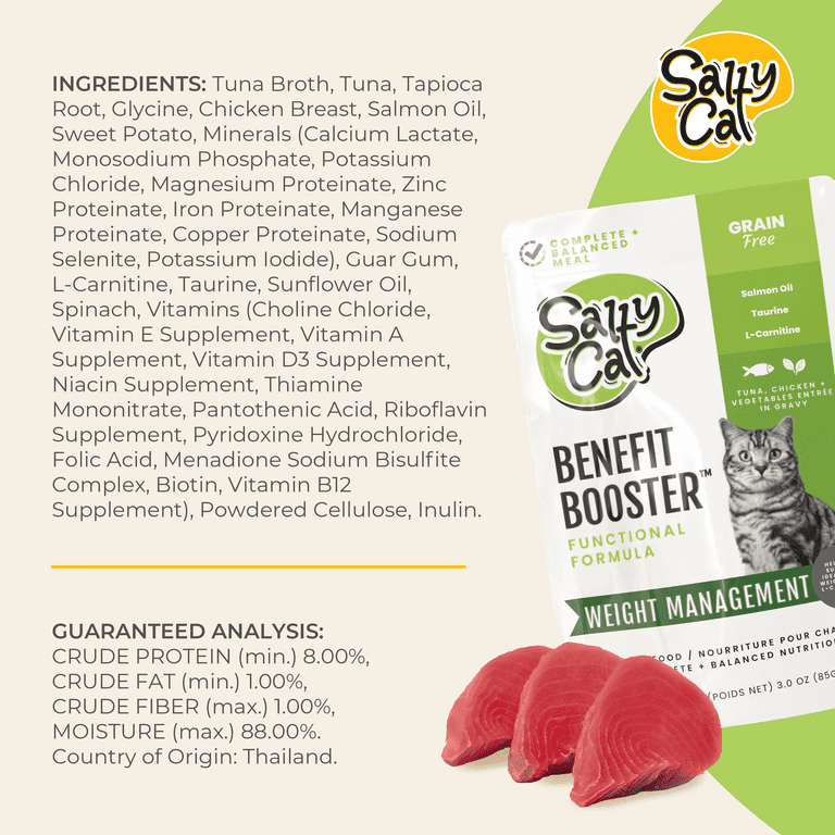 l carnitine for cat weight loss Salty Cat Benefit Booster Weight Management Tuna & Chicken Flavor in Gravy  Wet Cat Food, 3 oz Pouch