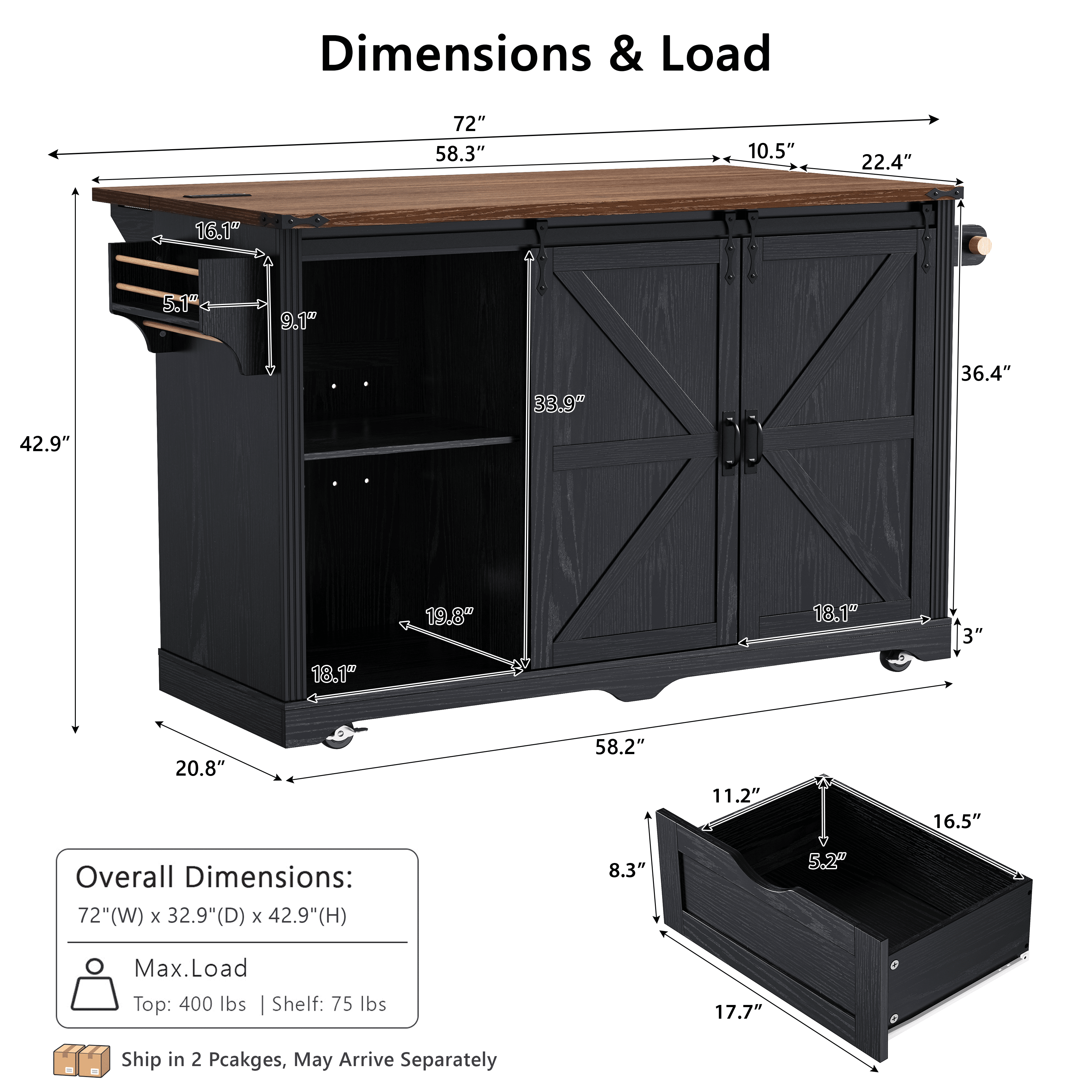 Homy Casa 72" Farmhouse Kitchen Island with Drop Leaf, Power Outlet and 2 Mini Fridge Bays, Black