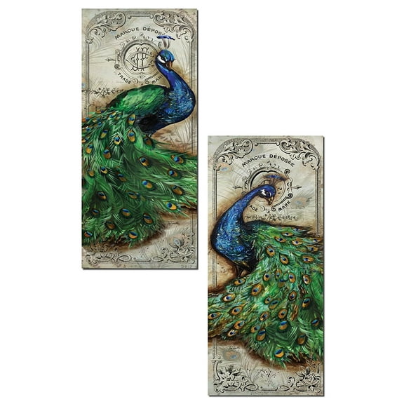 Gorgeous Green and Blue Peacock Panel Set by Tre Sorelle Studios; Two 8x18in Unframed Paper Prints