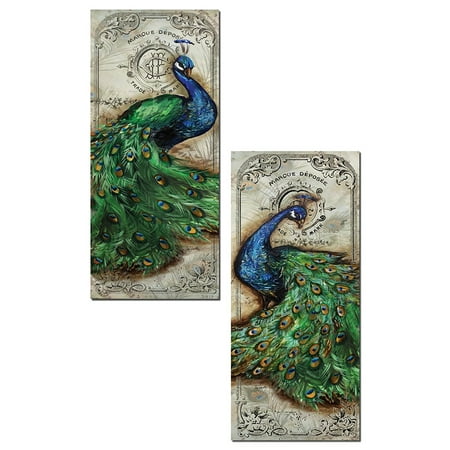 Blue Peacock Gorgeous Green and Blue Peacock Panel Set by Tre Sorelle Studios; Two 8x18in Unframed Paper Prints ()