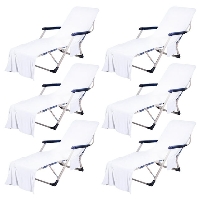 Muka 6 PCS Microfiber Terry Cloth Beach Pool Lounge Chair Cover Convenient Pocket, 29" x 83"-White