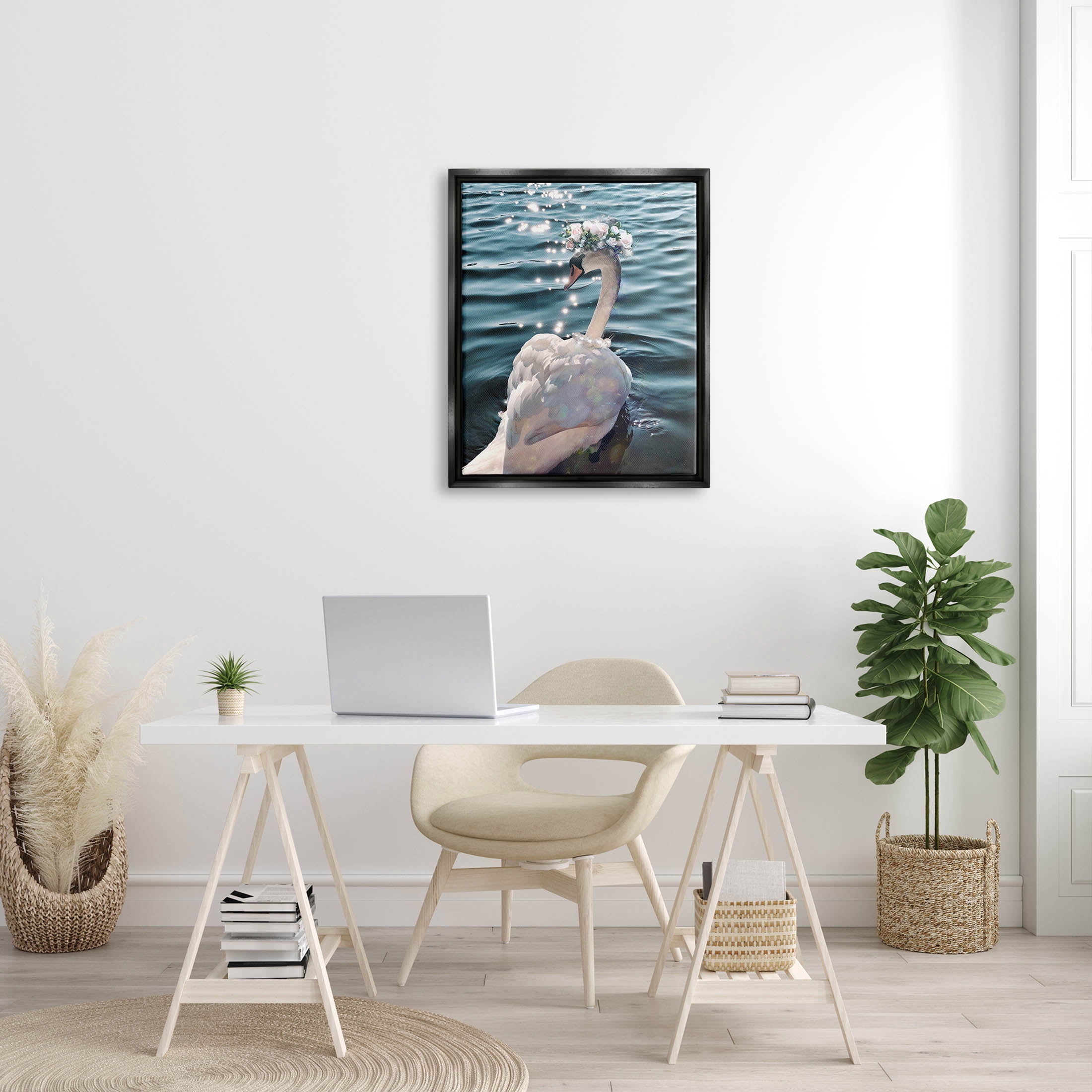 Flower Crown Swan Lake Ripples Animals & Insects Graphic Art Jet Black Framed Art Print Wall Art
